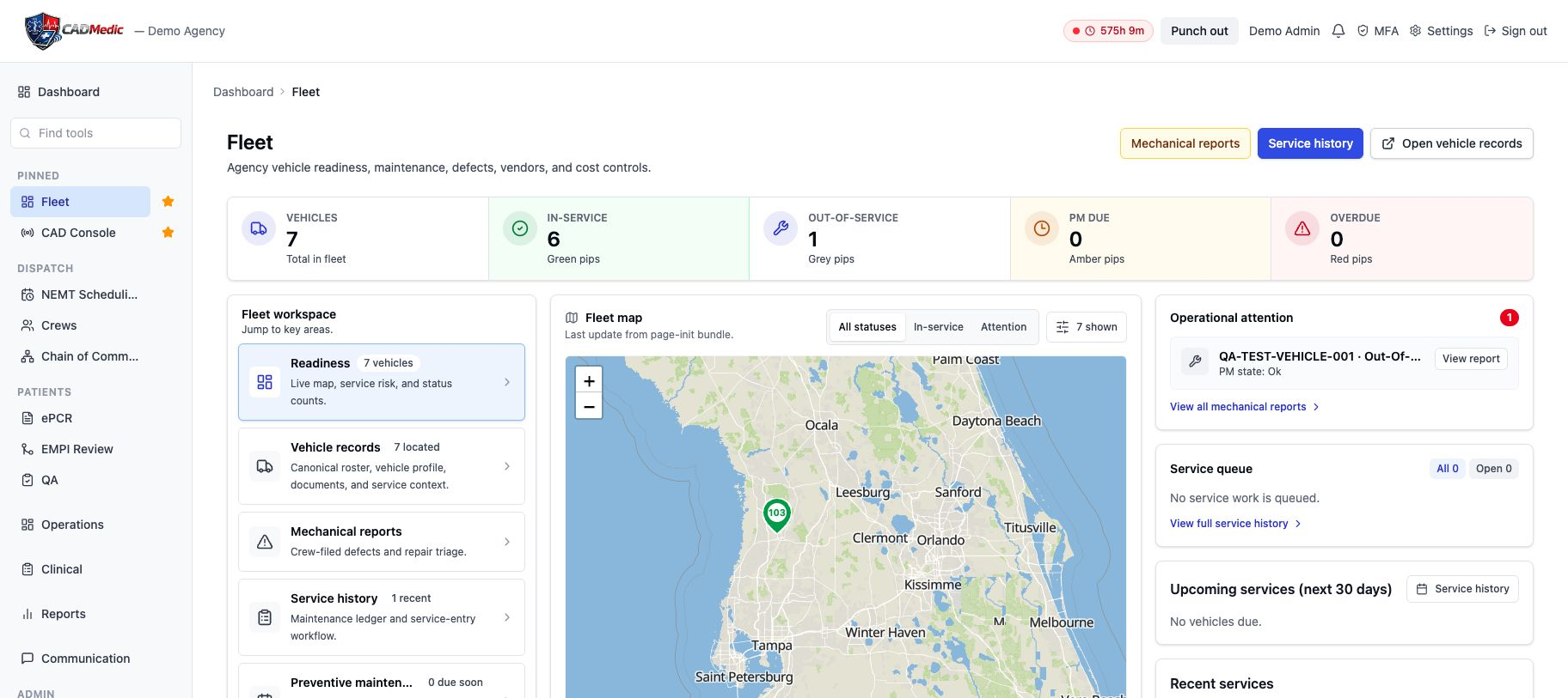 CADMedic fleet dashboard showing vehicle readiness, fleet map, and operational attention